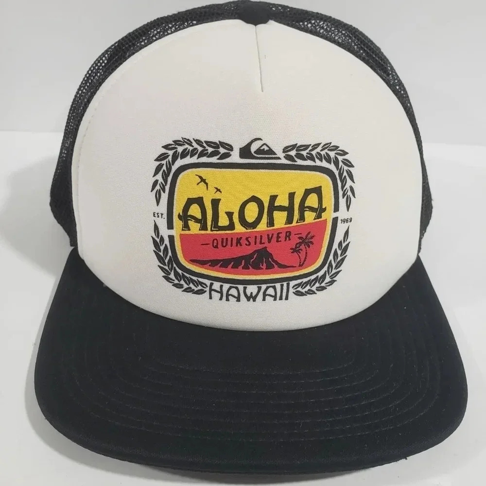Quicksilver Aloha Hawaii White/Black  Mesh,Snapback Mens Trucker Hat.